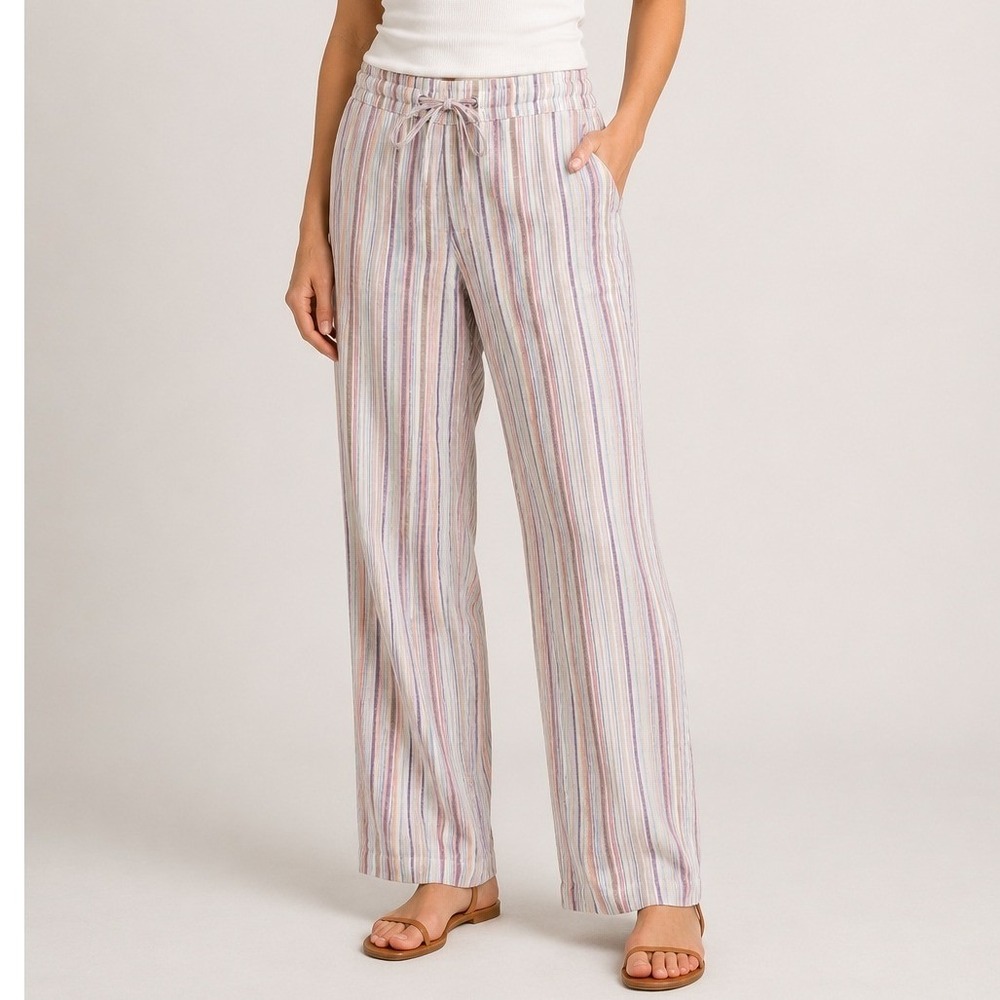 FOR CYNTHIA Linen Blend Striped Drawstring Straight Leg Pants Multicolor Sz M